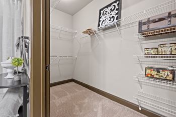 A walk in closet with white walls and shelves and a door open to a room